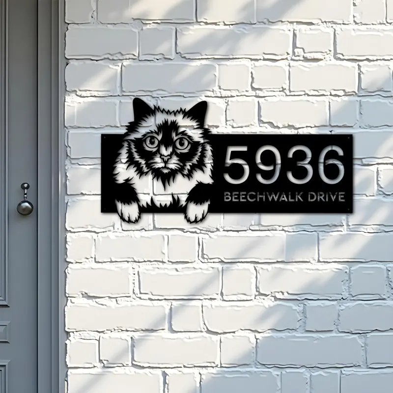 Custom Metal Holy Burma Cute peeking cat kitten Metal Address Sign, House number, Outdoor Number Signage, Yard Sign Address Plate