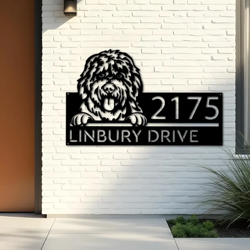 Custom Metal Bobtail dog cute puppy Metal Address Sign House number Hanging Address Plaque Yard Sign Outdoor decor