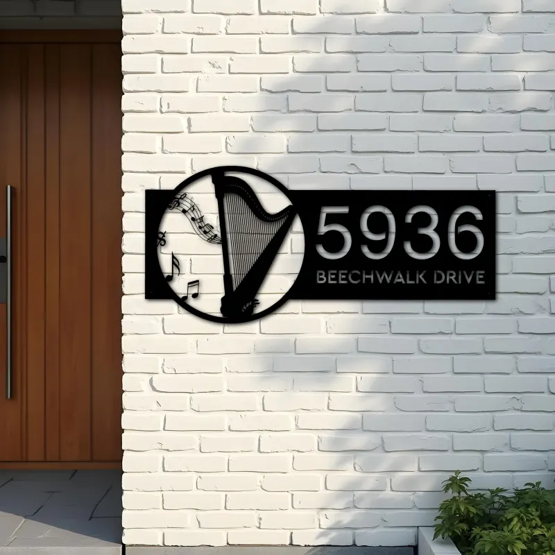 Custom Metal Harp musical instrument Metal Address Sign Custom House number Hanging Address Plaque Yard Sign Outdoor