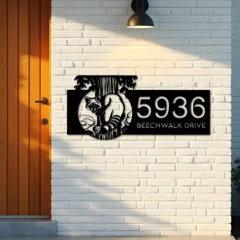 Custom Metal Raccoon Wild animal wildlife Metal Address Sign, House number, Outdoor Number Signage, Yard Sign Address Plate