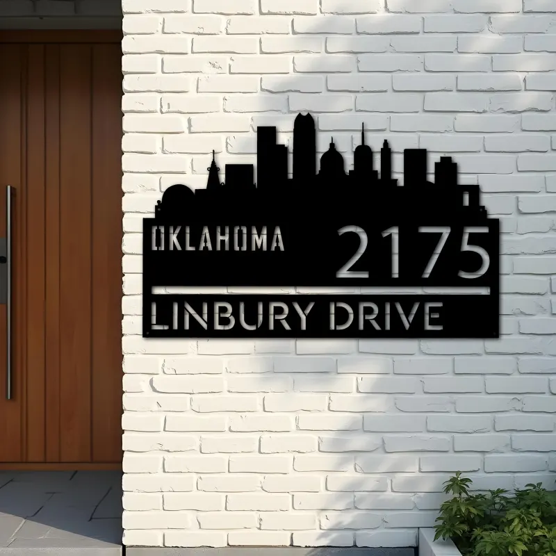 Custom Metal Oklahoma city skyline Metal Address Sign Hanging Address Plaque house number Yard Outdoor Sign