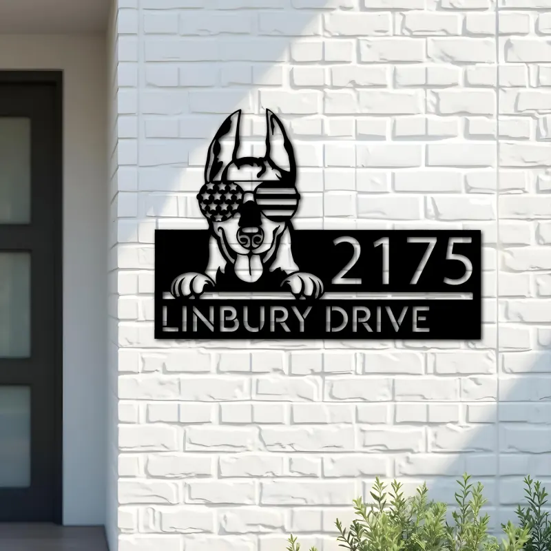 Custom Metal Doberman dog US flag glasses Metal Address Sign House number Hanging Address Plaque Yard Sign Outdoor decor