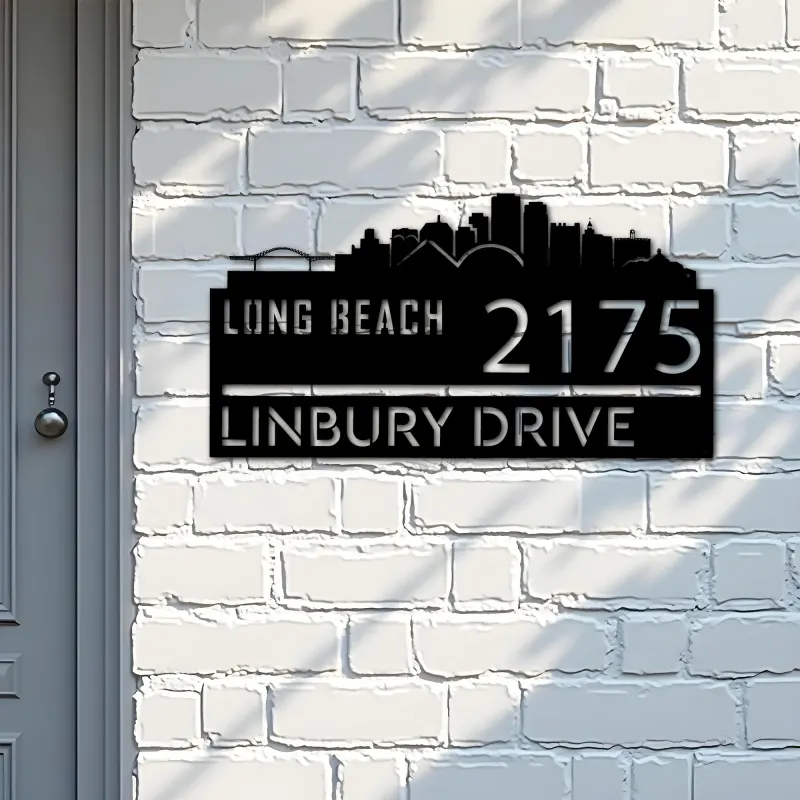 Custom Metal Long Beach city skyline Metal Address Sign Hanging Address Plaque house number Yard Outdoor Sign