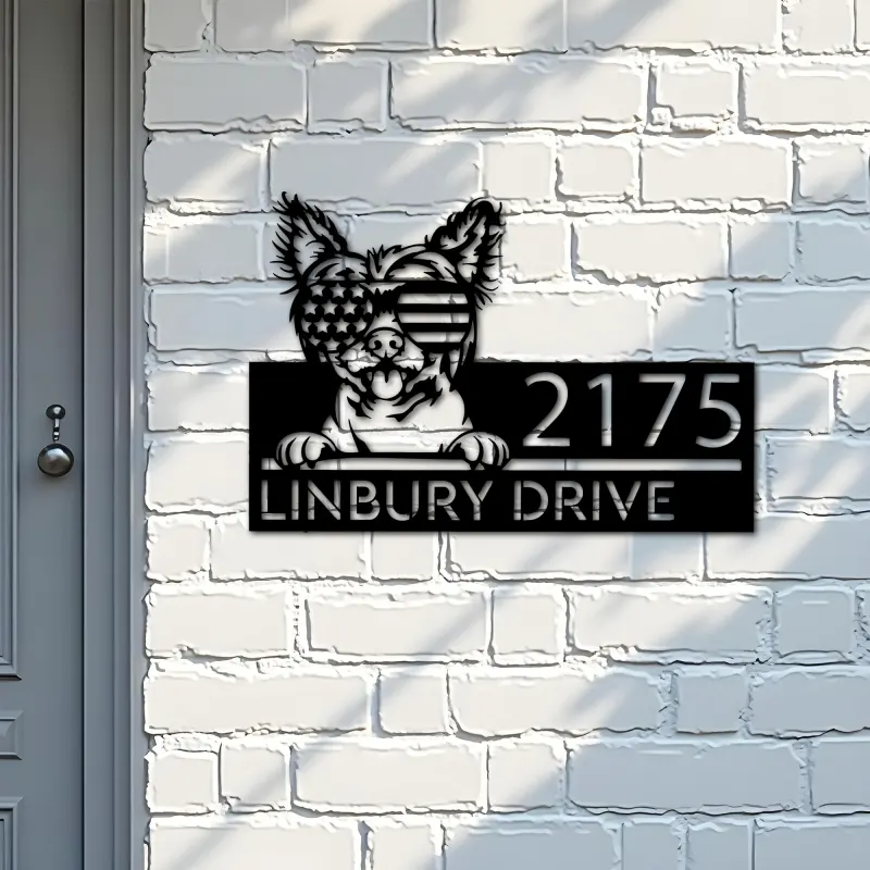 Custom Metal Chinese Crested dog US glasses Metal Address Sign House number Hanging Address Plaque Yard Sign Outdoor decor