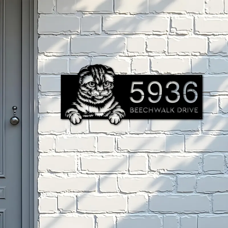 Custom Metal Scottish fold Cute peeking cat Metal Address Sign, House number, Outdoor Number Signage, Yard Sign Address Plate