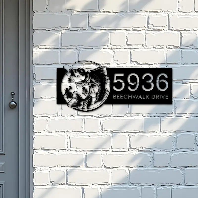 Custom Metal Bass fishing rod bait hook Metal Address Sign, House number, Outdoor Number Signage, Yard Sign Address Plate