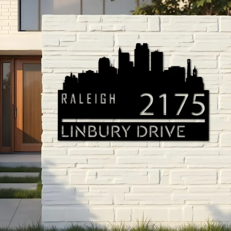 Custom Metal Raleigh city skyline Metal Address Sign Hanging Address Plaque house number Yard Outdoor Sign