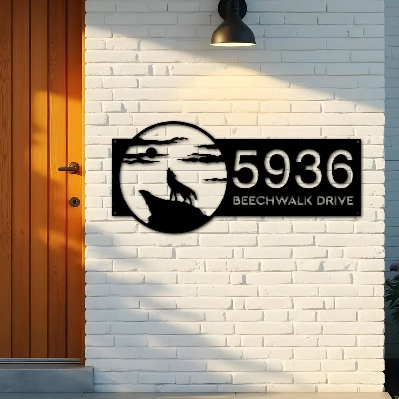 Custom Metal Wolf howling full moon wild animal Metal Address Sign, House number, Outdoor Number Signage, Yard Sign Address Plate