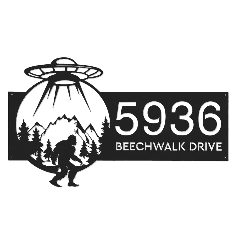 Custom Metal Alien UFO bigfoot sasquatch Metal Address Sign, House number, Outdoor Number Signage, Yard Sign Address Plate