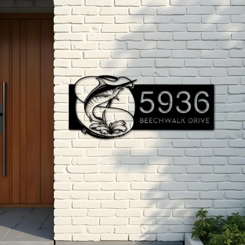 Custom Metal Marlin fishing rod bait hook Metal Address Sign, House number, Outdoor Number Signage, Yard Sign Address Plate