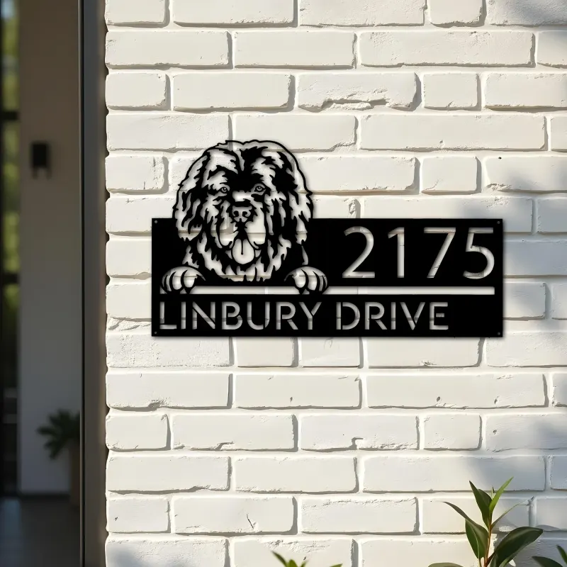 Custom Metal Newfoundland dog Cute puppy Metal Address Sign House number Hanging Address Plaque Yard Sign Outdoor decor