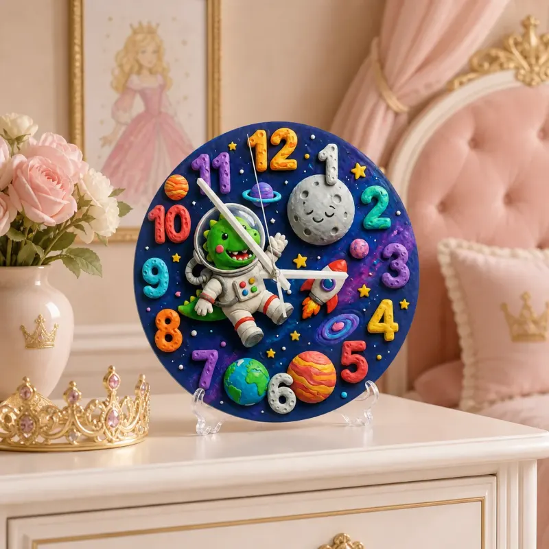 Astronaut Dinosaur Outer Space Kids Room Wall Clock