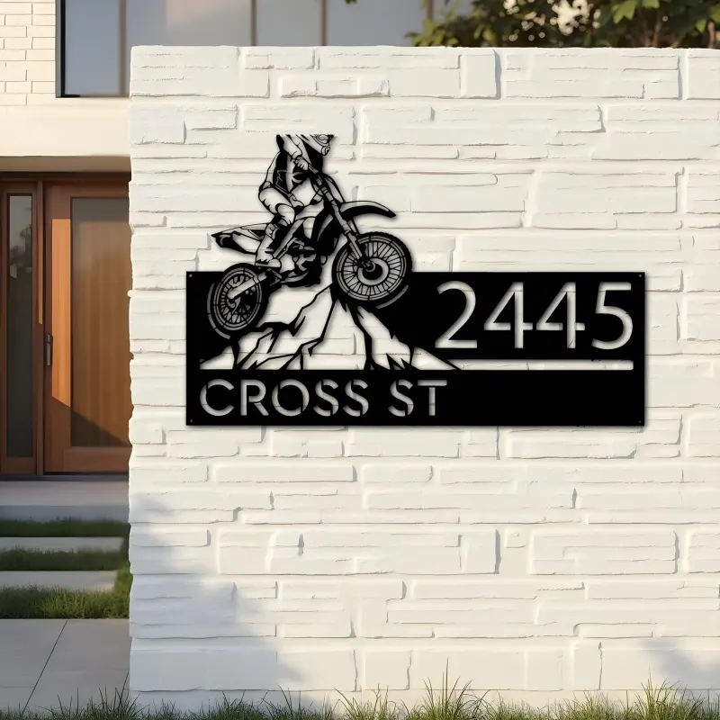 Custom Metal Dirtbike Motocross rider Mountain climbing Metal Address Sign, House number, Outdoor Number Signage, Yard Sign Address Plate