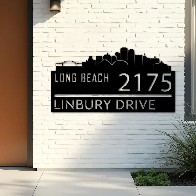 Custom Metal Long Beach city skyline Metal Address Sign Hanging Address Plaque house number Yard Outdoor Sign