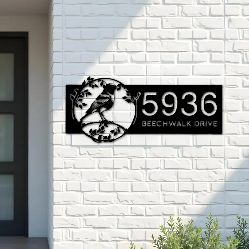 Custom Metal Robin Bird on floral wrealth Metal Address Sign, House number, Outdoor Number Signage, Yard Sign Address Plate