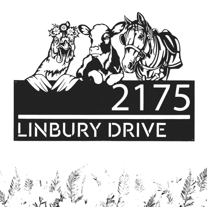 Custom Metal Chicken Cow horse farmhouse farm animals Metal Address Sign, House number, Outdoor Number Signage, Yard Sign Address Plate
