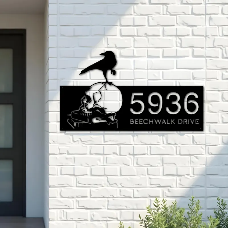 Custom Metal Raven on skull halloween Metal Address Sign, House number, Outdoor Number Signage, Yard Sign Address Plate