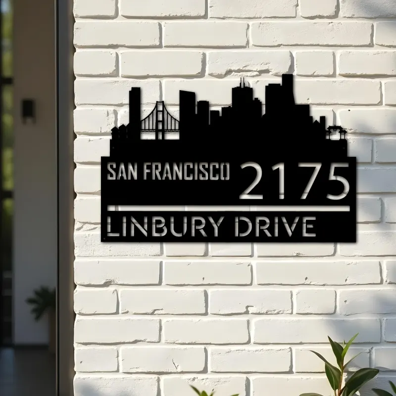 Custom Metal San Francisco city skyline Metal Address Sign Hanging Address Plaque house number Yard Outdoor Sign