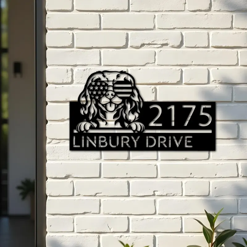 Custom Metal Cavalier King Charles Spaniel dog Metal Address Sign House number Hanging Address Plaque Yard Sign Outdoor decor