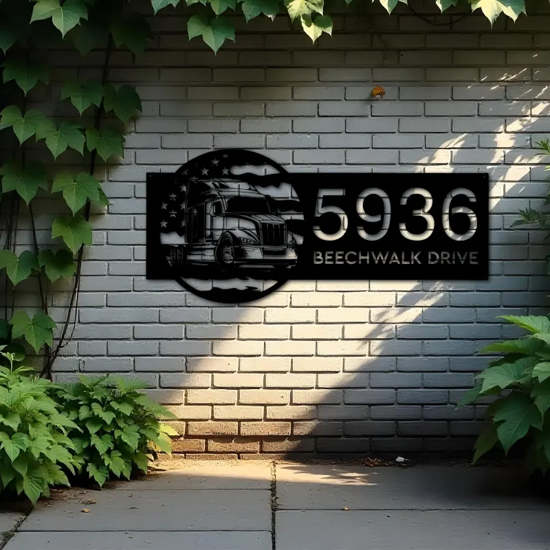 Custom Metal Semi truck on US flag trucker driver Metal Address Sign, House number, Outdoor Number Signage, Yard Sign Address Plate