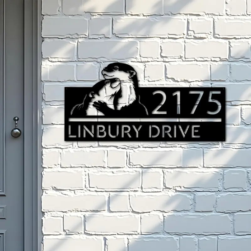 Custom Metal Cute otters couple Metal Address Sign, House number, Outdoor Number Signage, Yard Sign Address Plate