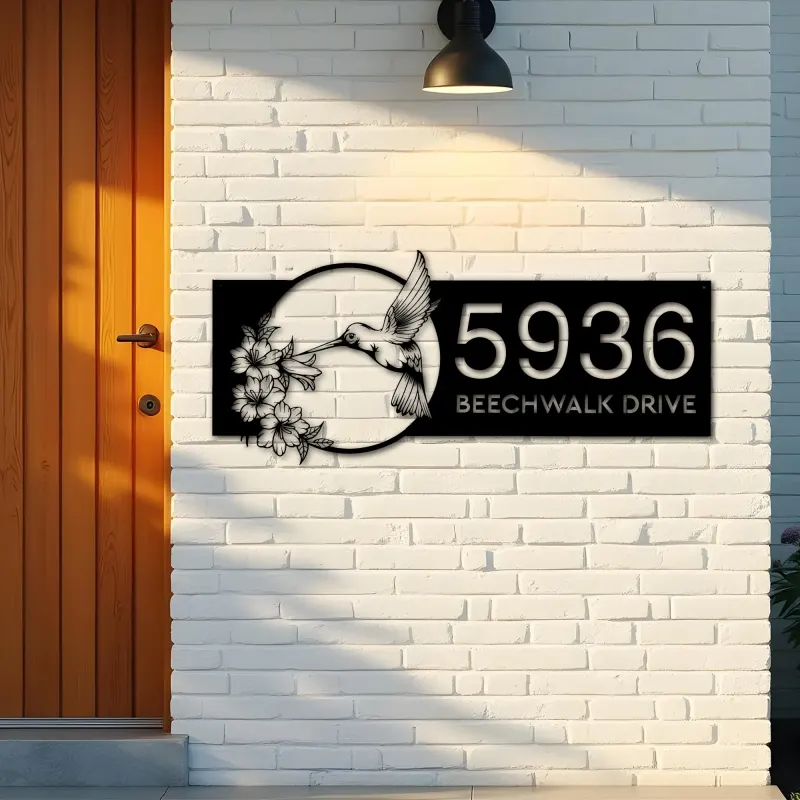 Custom Metal Hummingbird Floral Wreath Metal Address Sign, House number, Outdoor Number Signage, Yard Sign Address Plate