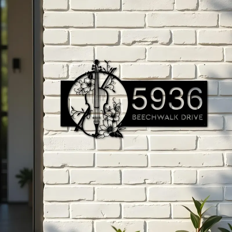 Custom Metal Floral Violin Violin player Metal Address Sign, House number, Outdoor Number Signage, Yard Sign Address Plate