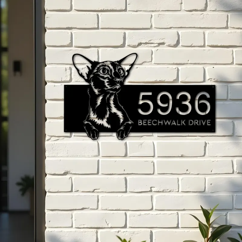 Custom Metal Oriental Shorthair Cute peeking cat Metal Address Sign, House number, Outdoor Number Signage, Yard Sign Address Plate