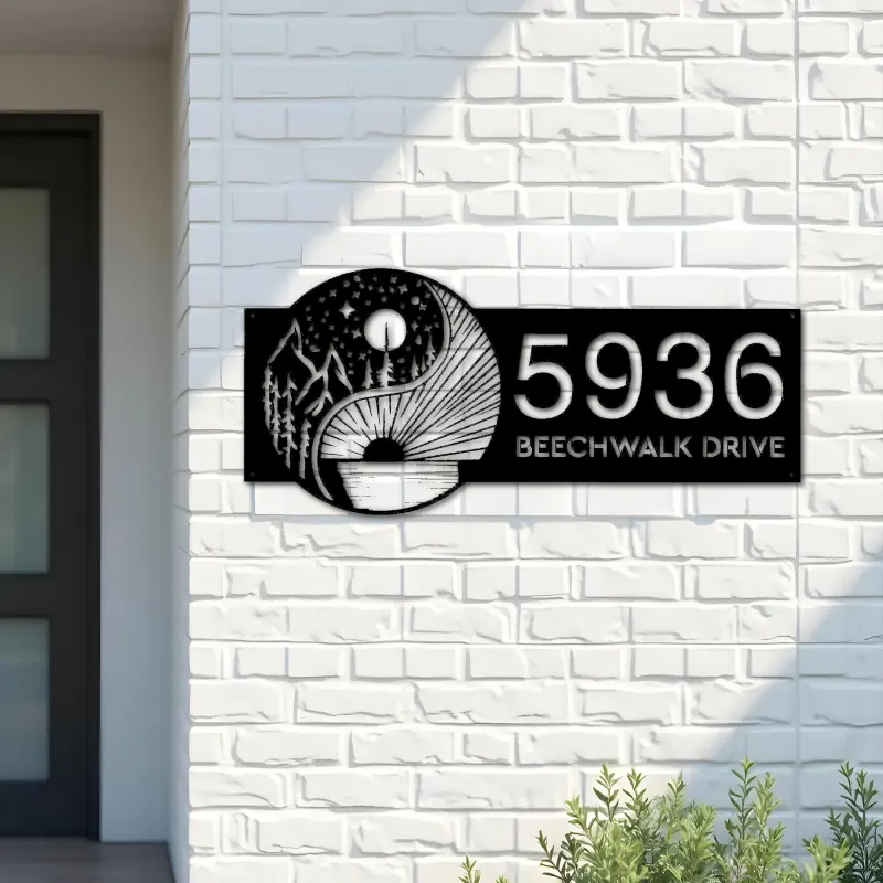 Custom Metal Yin Yang sun and moon Metal Address Sign, House number, Outdoor Number Signage, Yard Sign Address Plate