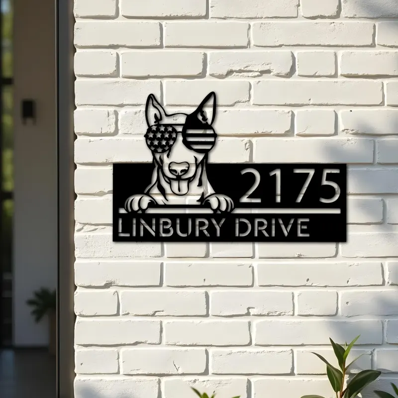 Custom Metal English Bullterrier dog US glasses Metal Address Sign House number Hanging Address Plaque Yard Sign Outdoor decor