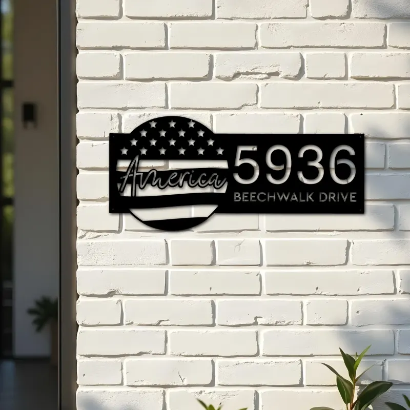 Custom Metal America US flag 4th of July Metal Address Sign House number Hanging Address Plaque Yard Sign Outdoor decor
