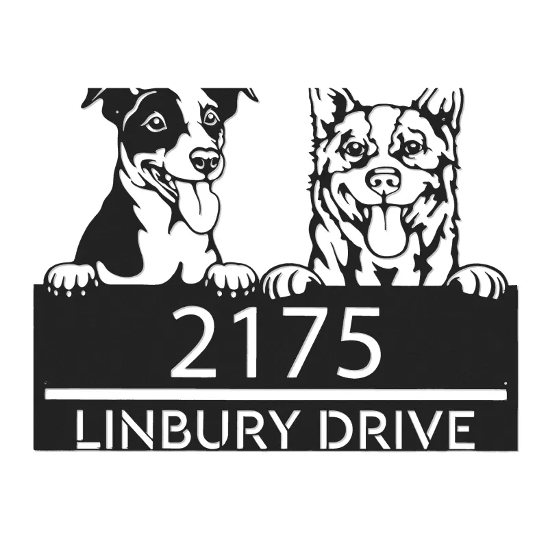 Custom Metal Red heeler and Jack russel terrier Metal Address Sign, House number, Outdoor Number Signage, Yard Sign Address Plate