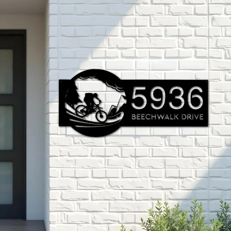Custom Metal Mountain Bike Bicycle Cyclist Metal Address Sign, House number, Outdoor Number Signage, Yard Sign Address Plate