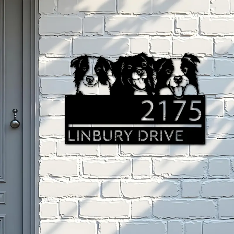 Custom Metal Peeking dogs border collie Metal Address Sign, House number, Outdoor Number Signage, Yard Sign Address Plate