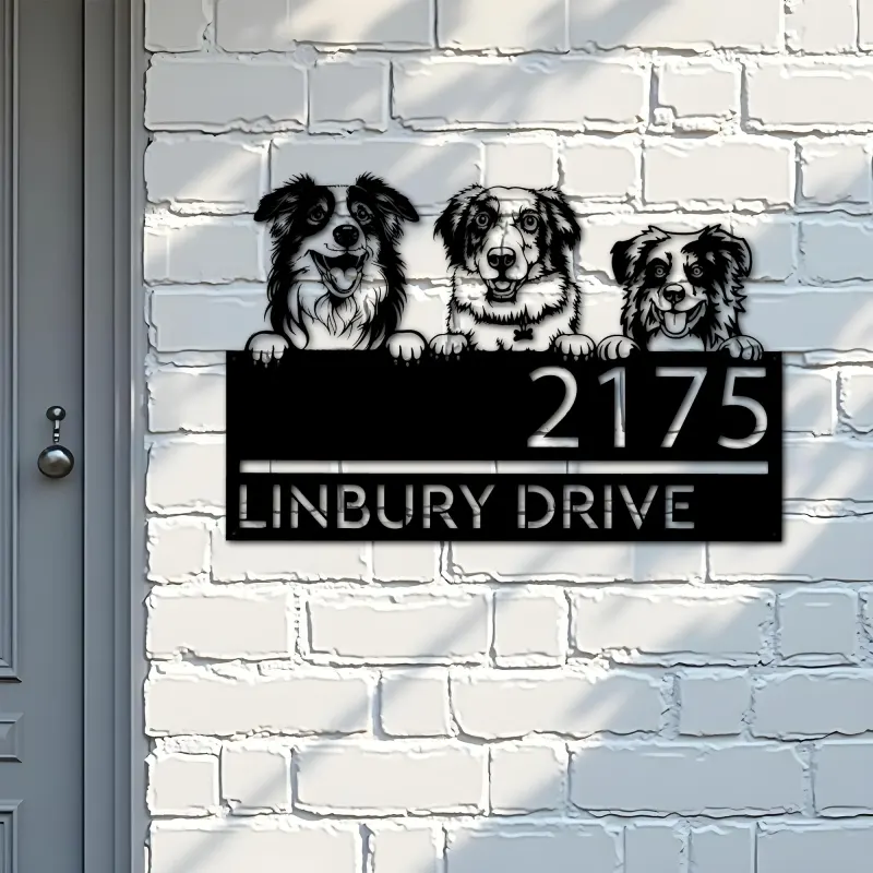 Custom Metal Australian shepherd dogs puppy Metal Address Sign House number Hanging Address Plaque Yard Sign Outdoor decor