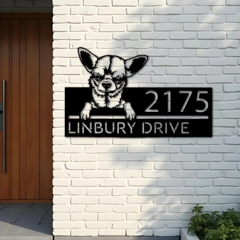 Custom Metal Chihuahua dog Puppy Metal Address Sign House number Hanging Address Plaque Yard Sign Outdoor decor