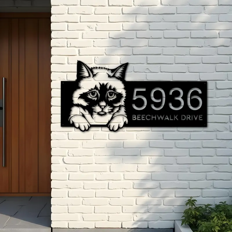 Custom Metal Birman Cute peeking cat kitten Metal Address Sign, House number, Outdoor Number Signage, Yard Sign Address Plate