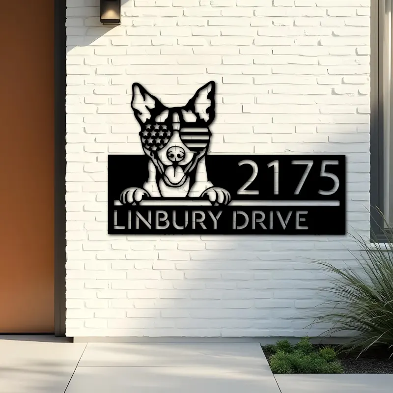 Custom Metal Rat terrier dog US flag glasses Metal Address Sign House number Hanging Address Plaque Yard Sign Outdoor decor