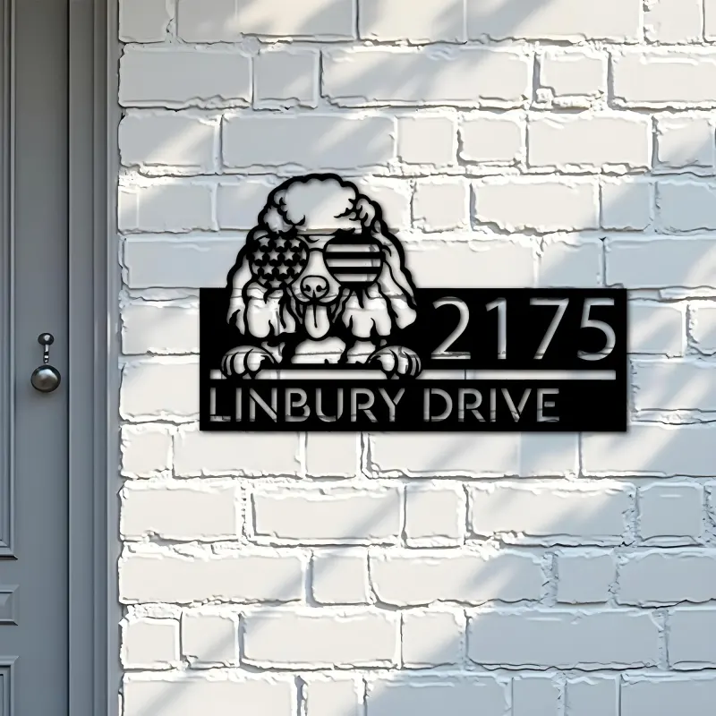 Custom Metal Poodle dog US flag glasses Metal Address Sign House number Hanging Address Plaque Yard Sign Outdoor decor