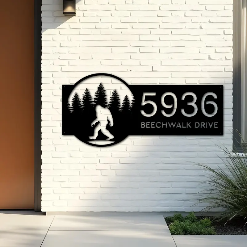 Custom Metal Bigfoot Sasquatch forest Metal Address Sign, House number, Outdoor Number Signage, Yard Sign Address Plate