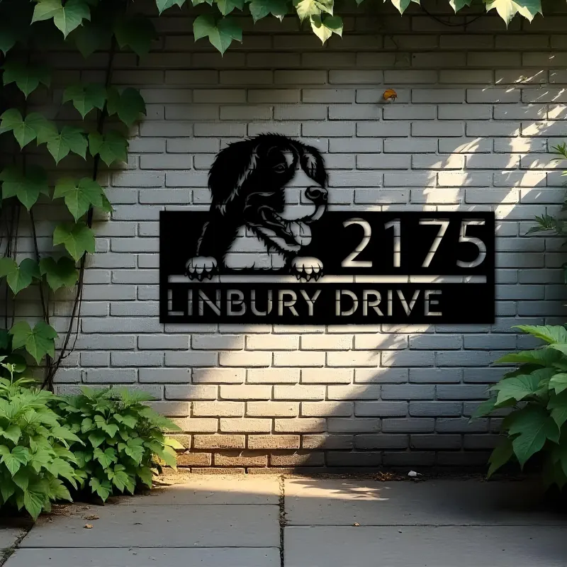 Custom Metal Big mountain dog Puppy Metal Address Sign House number Hanging Address Plaque Yard Sign Outdoor decor