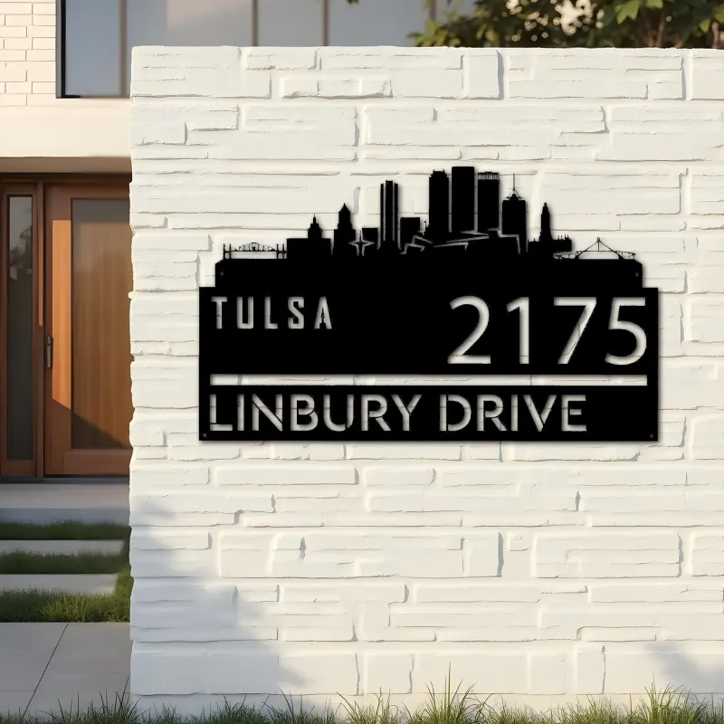 Custom Metal Tulsa city skyline Metal Address Sign Hanging Address Plaque house number Yard Outdoor Sign