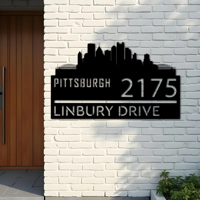 Custom Metal Pittsburgh city skyline Metal Address Sign Hanging Address Plaque house number Yard Outdoor Sign