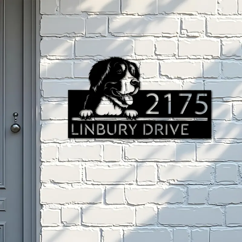 Custom Metal Big mountain dog Puppy Metal Address Sign House number Hanging Address Plaque Yard Sign Outdoor decor