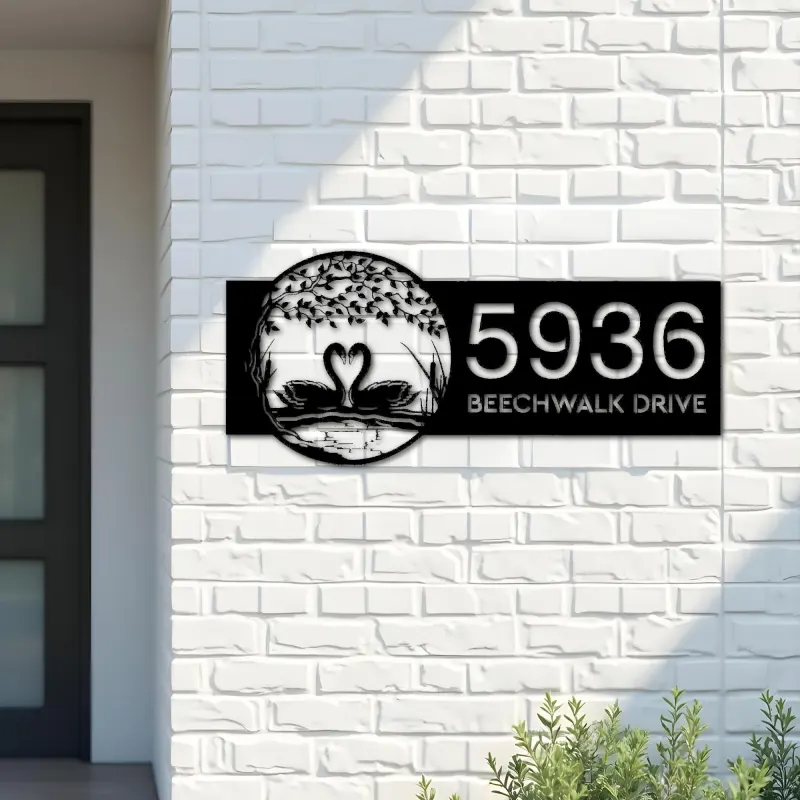 Custom Metal Tree and Swan Couple on Lake Metal Address Sign, House number, Outdoor Number Signage, Yard Sign Address Plate