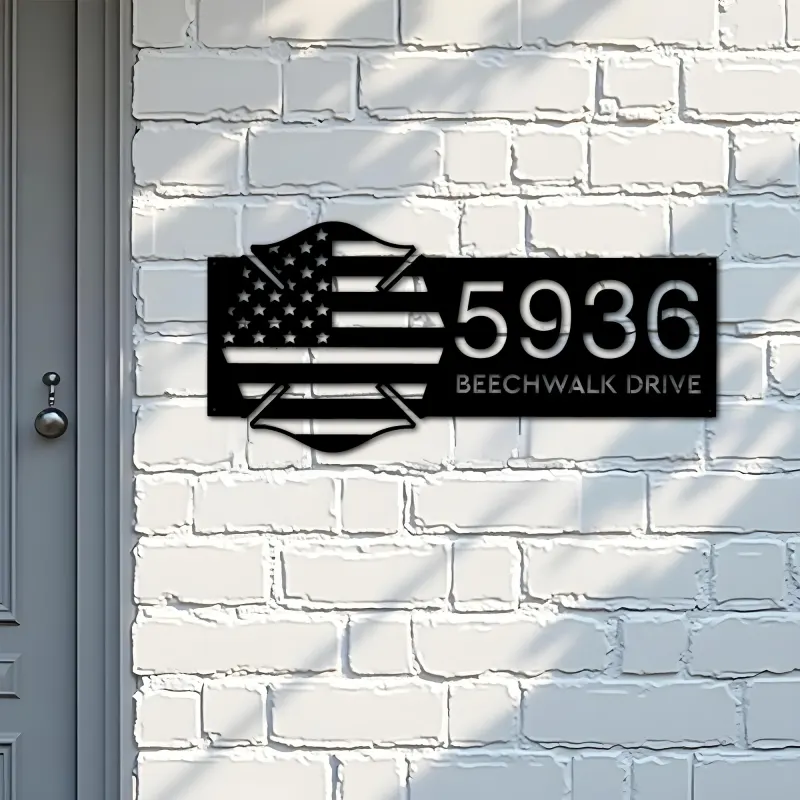 Custom Metal Fire department fireman US flag Metal Address Sign, House number, Outdoor Number Signage, Yard Sign Address Plate