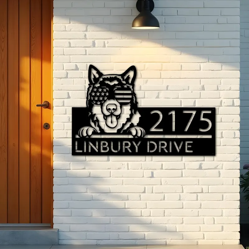 Custom Metal Alaskan Malamute dog US glasses Metal Address Sign House number Hanging Address Plaque Yard Sign Outdoor decor