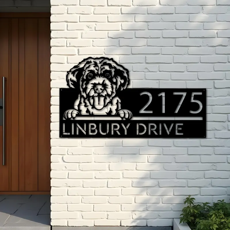 Custom Metal Portuguese Water Dog Cute puppy Metal Address Sign House number Hanging Address Plaque Yard Sign Outdoor decor