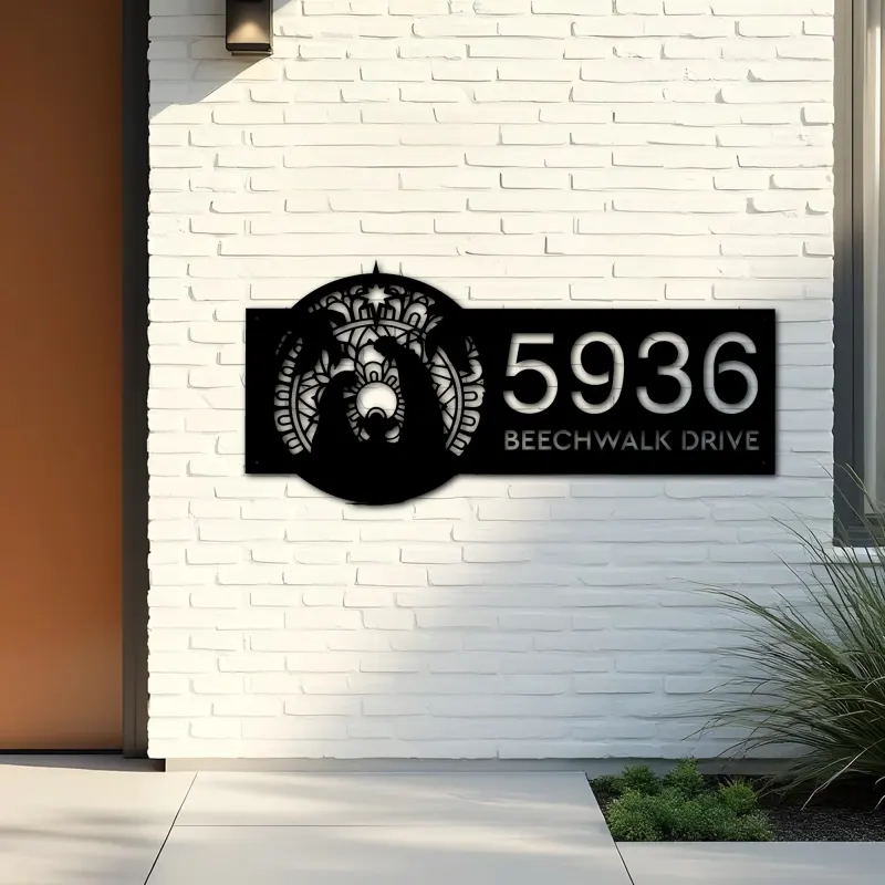 Custom Metal Mandala nativity scene Jesus Christ Metal Address Sign House number Hanging Address Plaque Yard Sign Outdoor