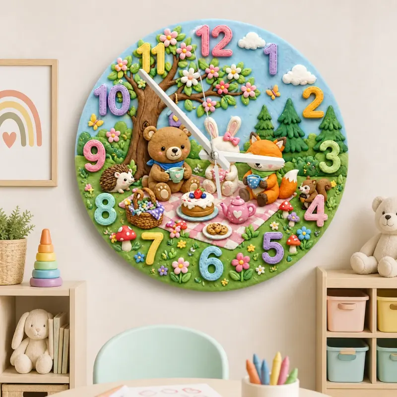 Woodland Animal Tea Party Kids Room Wall Clock